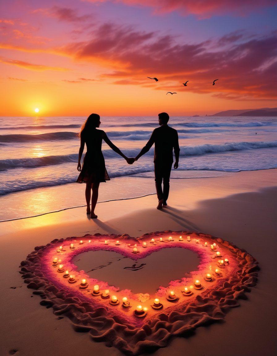 A romantic beach scene during sunset, featuring a couple holding hands, surrounded by heart-shaped sand sculptures and candles lit in the sand. Gentle waves lap at the shore, while seagulls fly overhead, adding a sense of tranquility and love. The sky is painted with warm colors of orange and pink. super-realistic. vibrant colors. 3D.