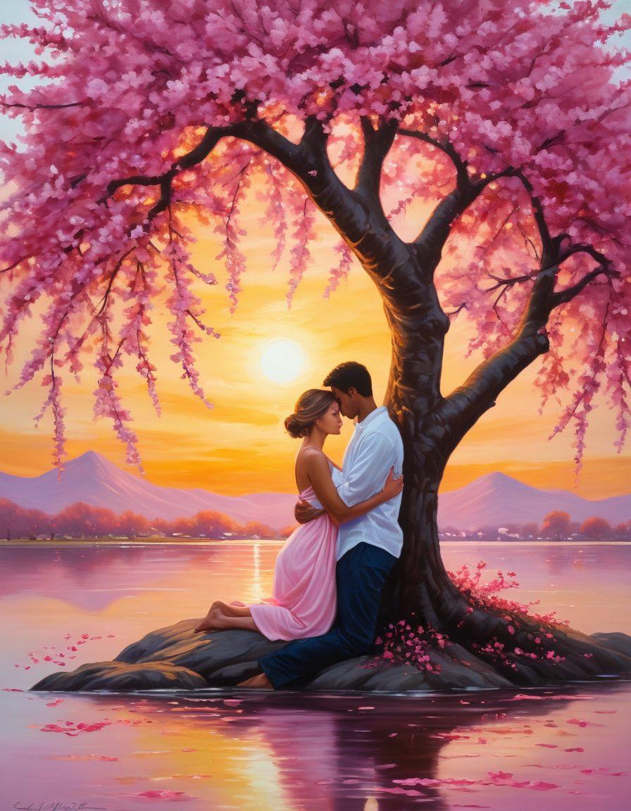 A serene scene of two people sharing a warm embrace beneath a blooming cherry blossom tree, surrounded by floating petals that symbolize love and connection. In the background, a sunset casts a golden glow, illustrating the warmth of heartfelt acts. Soft, intimate expressions on their faces reflect deep affection. The setting invokes a sense of togetherness and cherished moments. vibrant colors. painting.