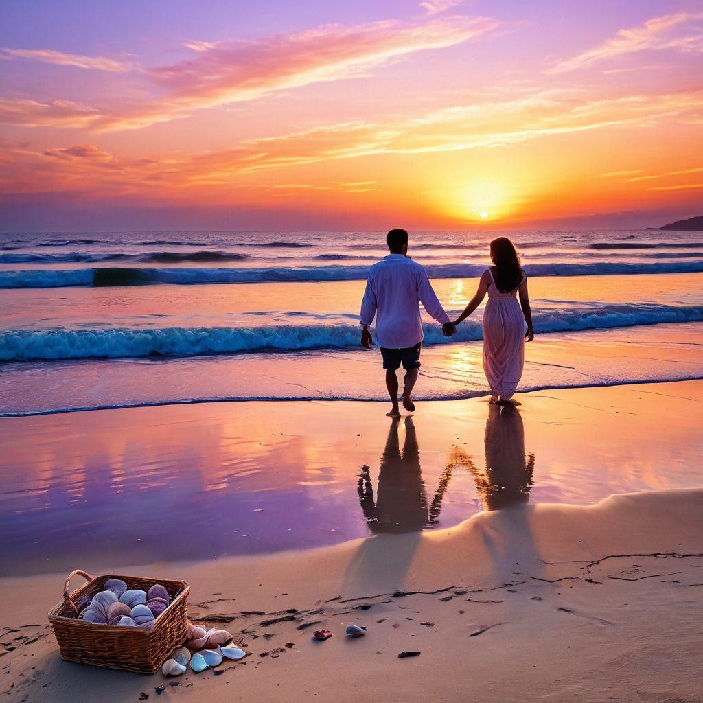 A romantic beach scene at sunset, featuring a couple holding hands while walking on the shore, waves gently lapping at their feet. Soft, warm colors in the sky reflect in the water, creating a serene atmosphere. Add elements like a cozy beach blanket with a picnic basket, and gentle seashells in the sand to symbolize connection. Emphasize warmth and intimacy through soft lighting and natural surroundings. super-realistic. vibrant colors. peaceful mood.